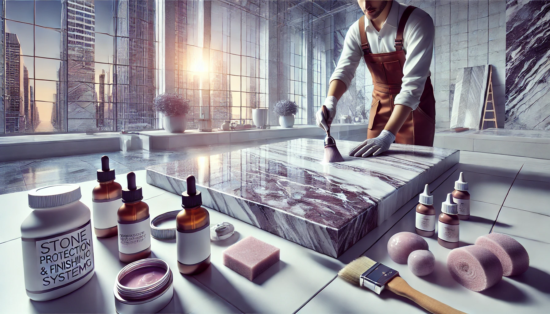 DALL·E 2025-02-11 15.11.09 - A professional illustration representing a 'Stone Protection and Finishing System'. The image should depict high-quality stone surfaces such as marble